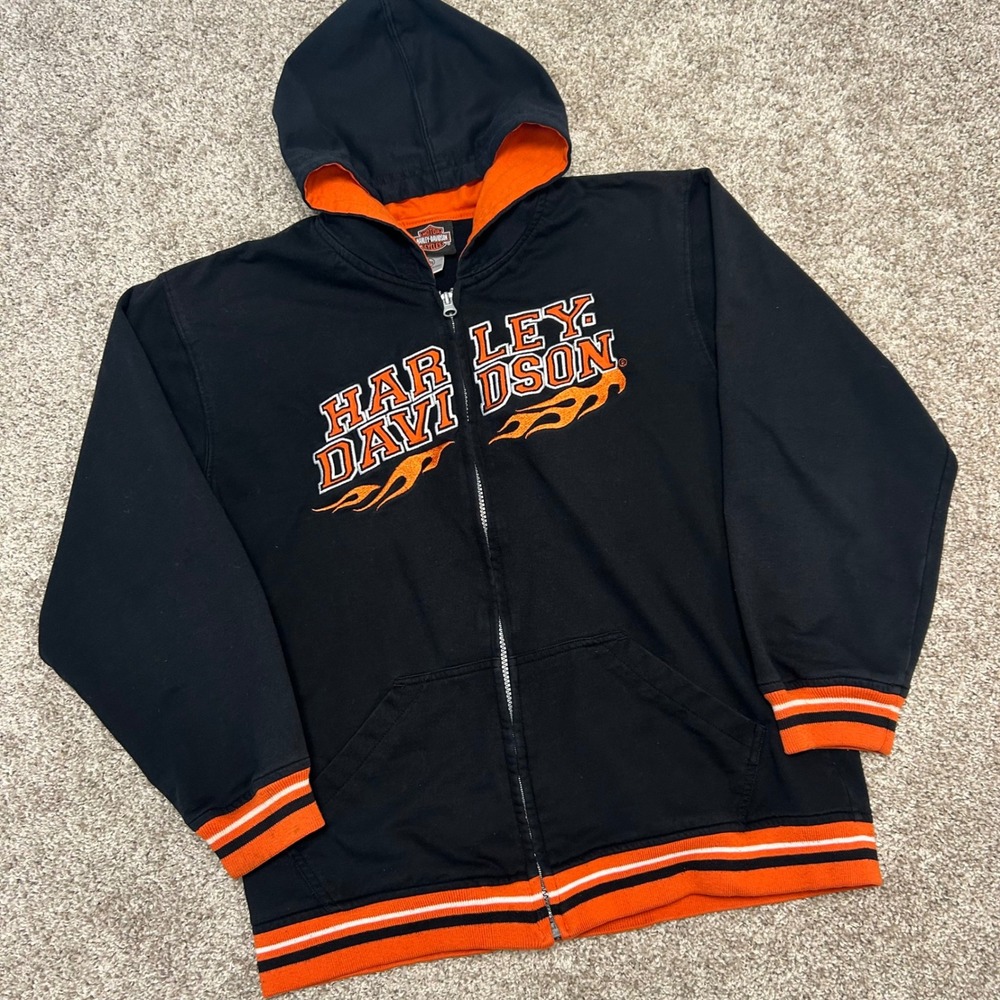 Harley Davidson Full Zip Hoodie Sweatshirt YOUTH Large 16-18 Black Embroidered